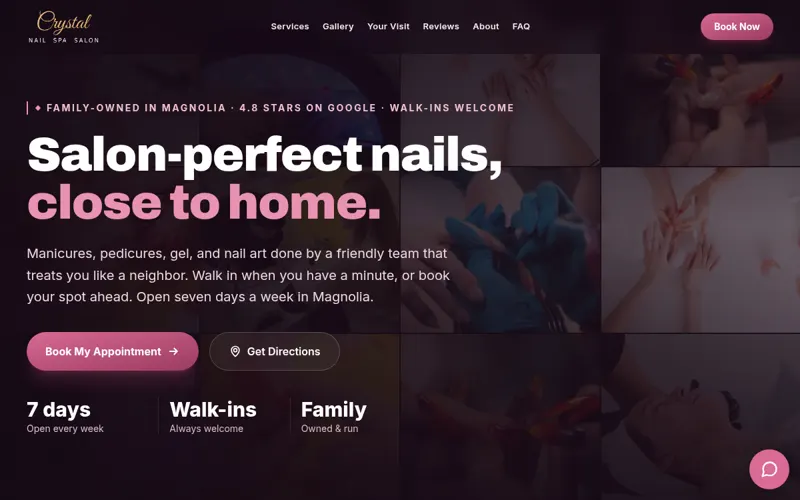 Home page of the Crystal Nail Spa and Salon website